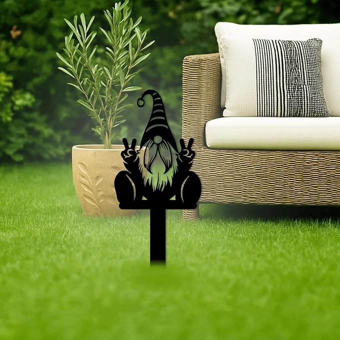 Magilab Personalized Iron Yard Stake - Christmas Cute Gnome Dwarves Decor, 8-Inch Black Metal Garden Sign for Outdoor (Style K)