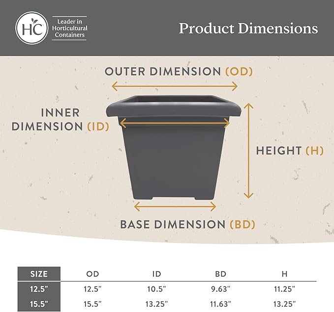 The HC Companies 12.5 Inch Accent Square Plant Pots with Drainage, Lightweight UV-Resistant Plastic Planters for Indoor & Outdoor Plants, 2-Pack Flower Pots for Garden, Office & Home Decor, Chocolate