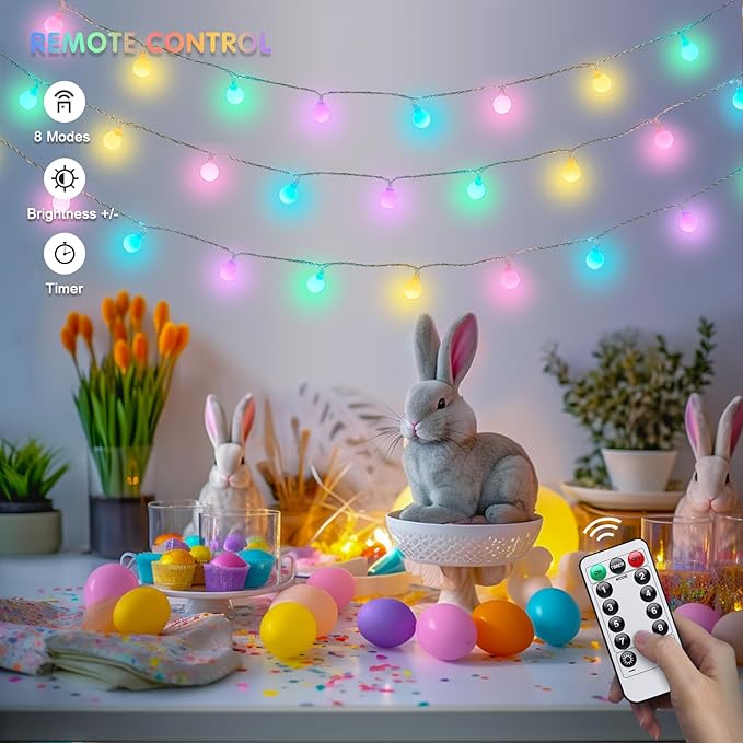 JMEXSUSS 100 LED Easter Lights Battery Operated, 33ft Multicolor Globe String Lights with Remote, 8 Mode Fairy Light Indoor Outdoor Waterproof for Bedroom Room Party Easter Decoration