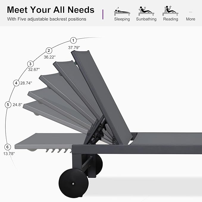 PURPLE LEAF Patio Lounge Chair Set for 2 Outdoor Chaise Lounge with Adjustable Backrest and Easy-to-Move Wheels Aluminum Reclining Lounge Chair for Outside Yard Pool Side Table Included, Charcoal Grey