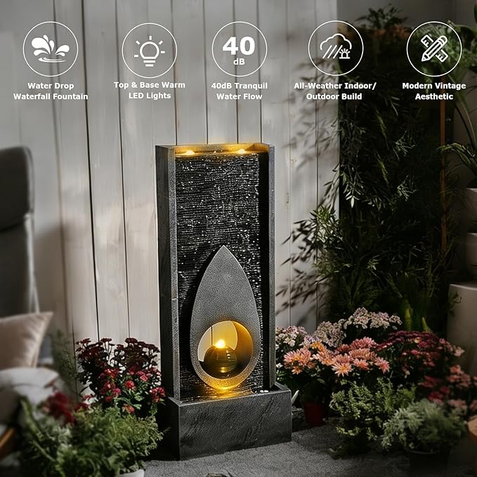 46.5’’Tall Modern Water Fountain Indoor Outdoor Waterfall Feature Floor Standing with Sphere and LED Lights for Garden, Yard, Patio, Deck, Porch, Livingroom Decor