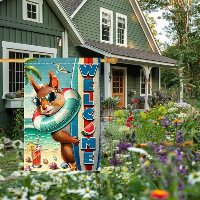 Welcome Garden Flag Double Side Burlap beach Surfboards Squirrel Summer Garden Flags Home Outdoor Yard Lawn Coastal Decorations(RMQ-479D, 28"X40")