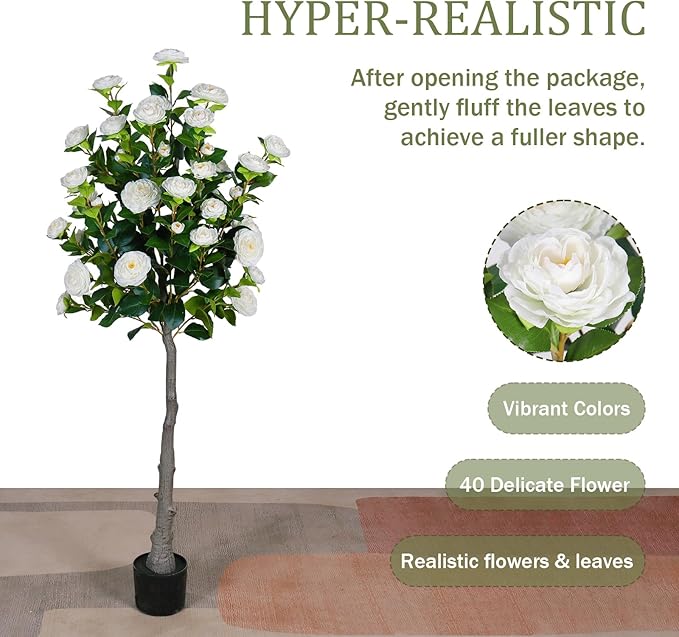 4.9 Ft Artificial Camellia Tree, 40 Flowers, White Faux Potted Plant, Indoor Outdoor Decor for Home, Office, Porch, Patio, Pack of 2