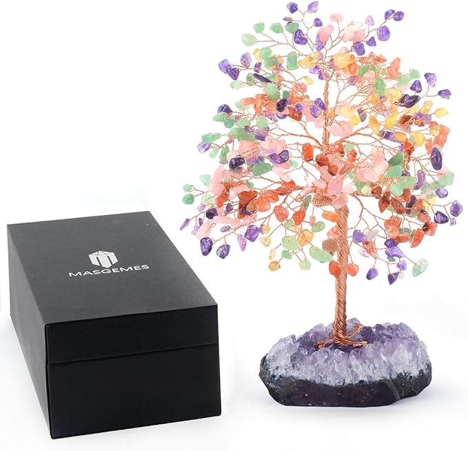 MASGEMES Chakra Tree of Life Natural Gemstone Crystal Tree,Healing Stones(406 Stone Count) with Amethyst Cluster,Fengshui Decor Bonsai Money Tree,Positive Energy Good Luck Gift Size 8.5"-9"