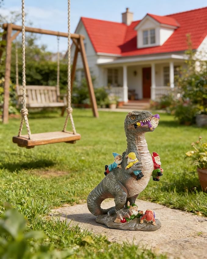 Dinosaur Garden Gnome Statue 12”, Yard Decorations Outdoor Garden Decor, Patio, Lawn Ornament, Gardening Gifts for Women for Housewarming