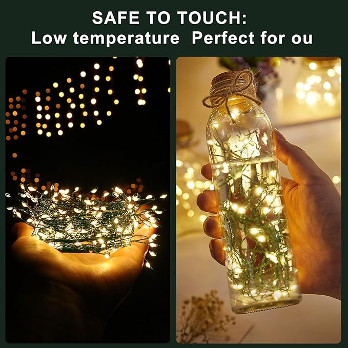 Battery Operated Christmas Cluster Lights, 20FT 200 Micro LED Fairy Lights with 8 Modes and Auto Timer, Green Copper Wire for Indoor Outdoor Christmas Tree Wreath Garland Garden Party,Warm White