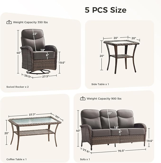 Luxury Patio Furniture Set with 6-inch Thick Cushions, Outdoor Furniture Set with High Back Swivel Chairs, 5 PCS Wicker Outdoor Conversation Set for Porch, Patio, Yard, Deck, Poolside, Brown/Grey