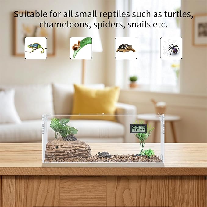 Giznzg Acrylic Tarantula Enclosure, Reptile Terrarium Breeding Tank w/Temperature Hygrometer,Habitat Reptiles Feeding Box Isopod Terrarium Cage for Insect Lizard Home Office (Reptile-Tank-L(No Tray))