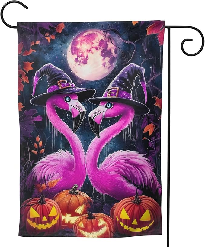 Flamingo Halloween Garden Flag Vertical Double Sided Outdoor Yard Flags 12.5x18 Inch Burlap Banners for House Lawn