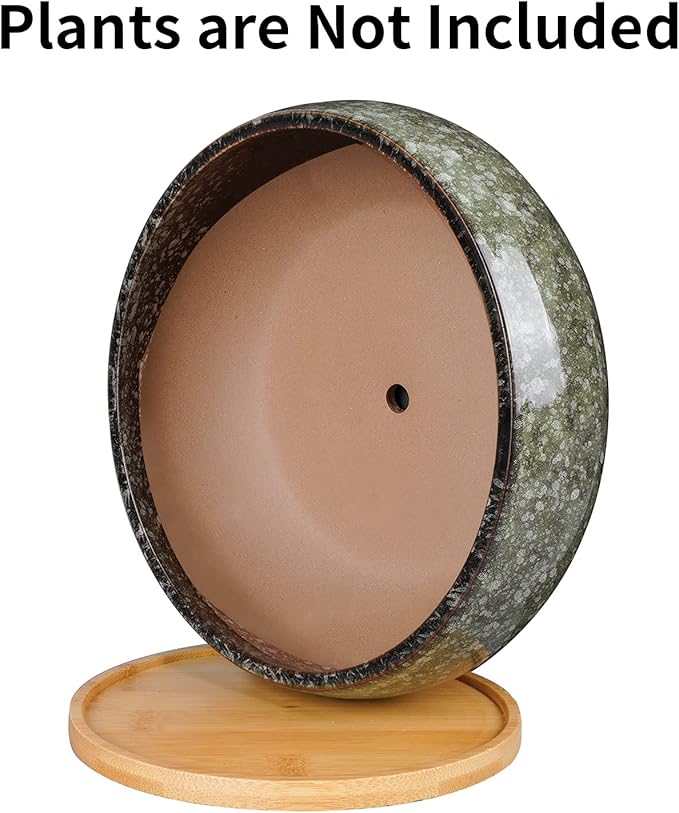EPFamily 8 Inch Ceramic Bonsai Planter Pot, Glazed Shallow Succulent Planter with Drainage Hole and Bamboo Saucer for Indoor Plants, Brown