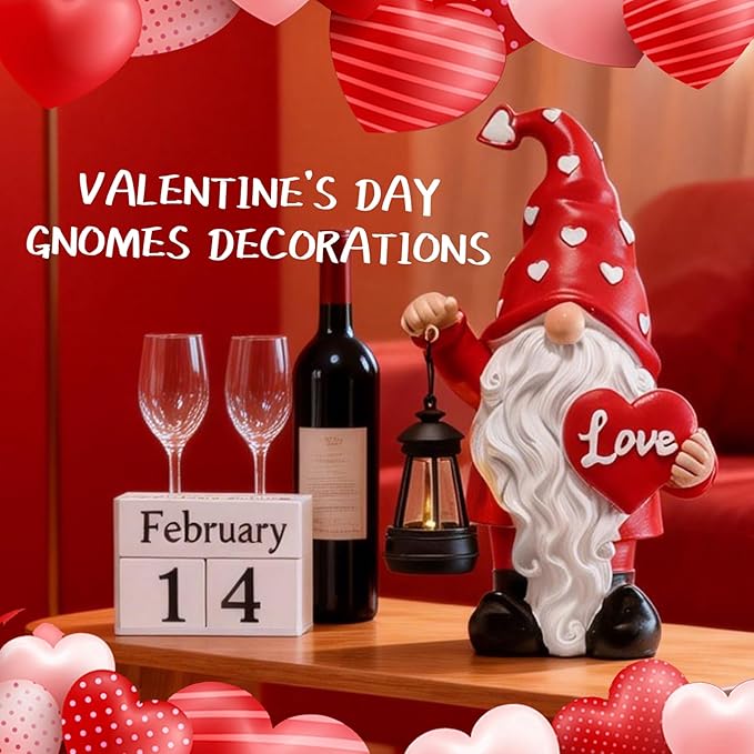 Valentines Day Decorations, Valentines Day Garden Gnome Decorations Outdoor, Waterproof Resin Gnomes Holding Heart-Shaped and Solar Lantern, Valentines Gifts Outdoor/Indoor Decor
