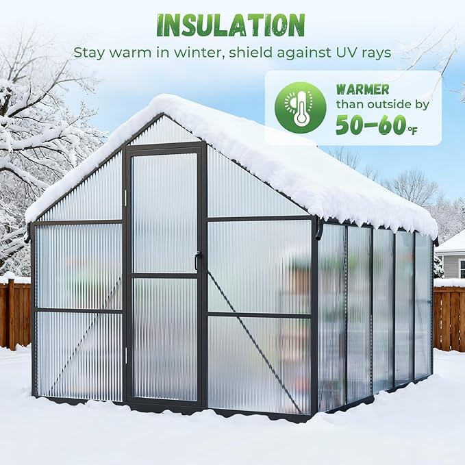 8x10FT Greenhouse for Outdoors, Galvanized Steel Frame Winter Green House w/ Adjustable Roof Vent, Lockable Door Handle &DrainageSystem, Walk-in Greenhouses for Outside Garden Backyard