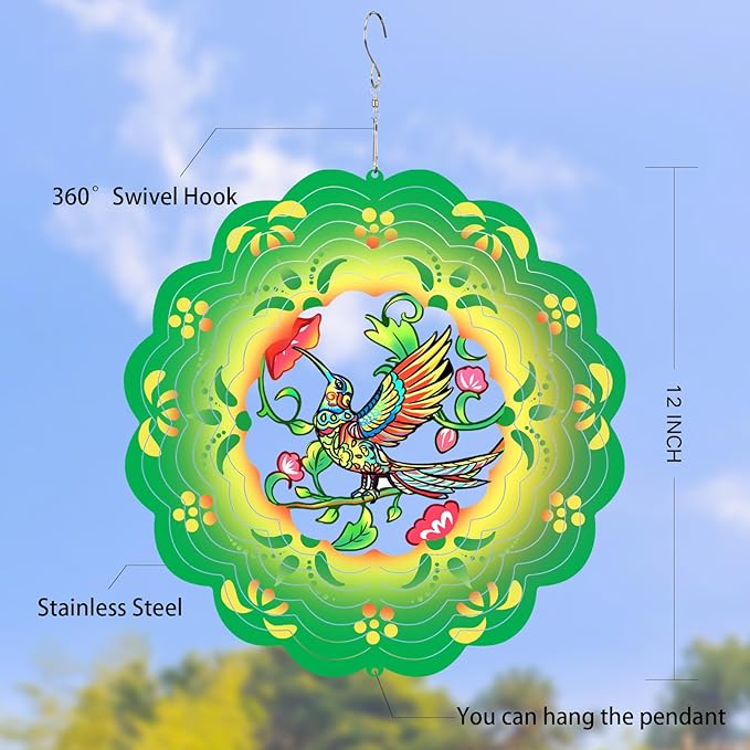 Hummingbirds Wind SpinnersOutdoor: Birthday Gifts for Women Metal Garden Ornament - 12inch Hanging Wind Chime for Outside Decorations, Gardening Presents for Mom Grandma Her