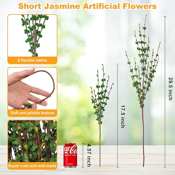 10 Pcs Long Stem Artificial Jasmine Flowers Fake Flower Dry Branches for Home Office DIY Floral Art Plant Wedding Living Room St Patrick's Day Table Centerpieces Vase Decoration
