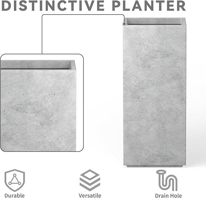 Kante 20.3" H Tall Rectangular Concrete Planter, Modern Square Diameter Plant Pot with Drainage Hole and Rubber Plug for Indoor Outdoor Home Patio Garden, Natural Concrete