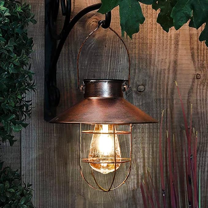 pearlstar Solar Lantern Outdoor Hanging Light Metal Farmhouse Solar Lamp with Warm White Edison Bulb Design for Garden Yard Patio Porch Decor (Brushed Copper)