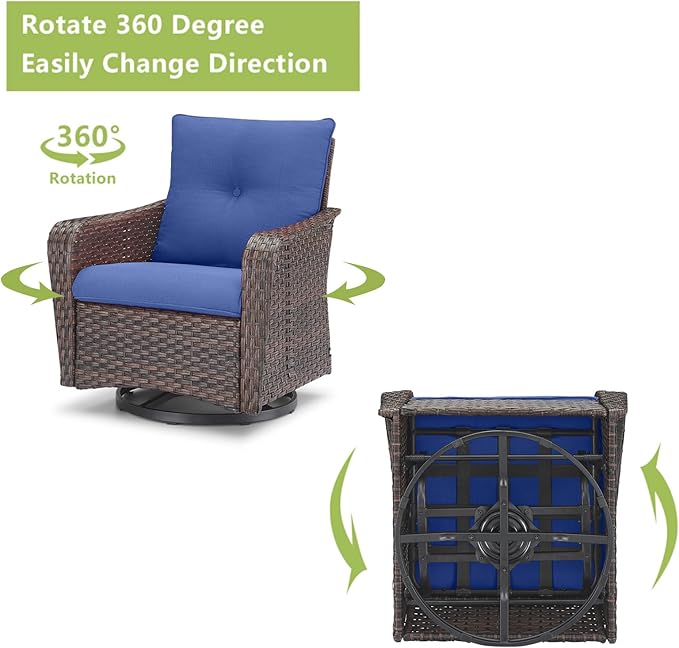 Rilyson Outdoor Patio Swivel Rocker Chairs - 6 PC Wicker Patio Bistro Sets with High Back,Comfy Cushions, Deep Seating and Side Table for Porch Deck Backyard Garden(Brown/Blue)