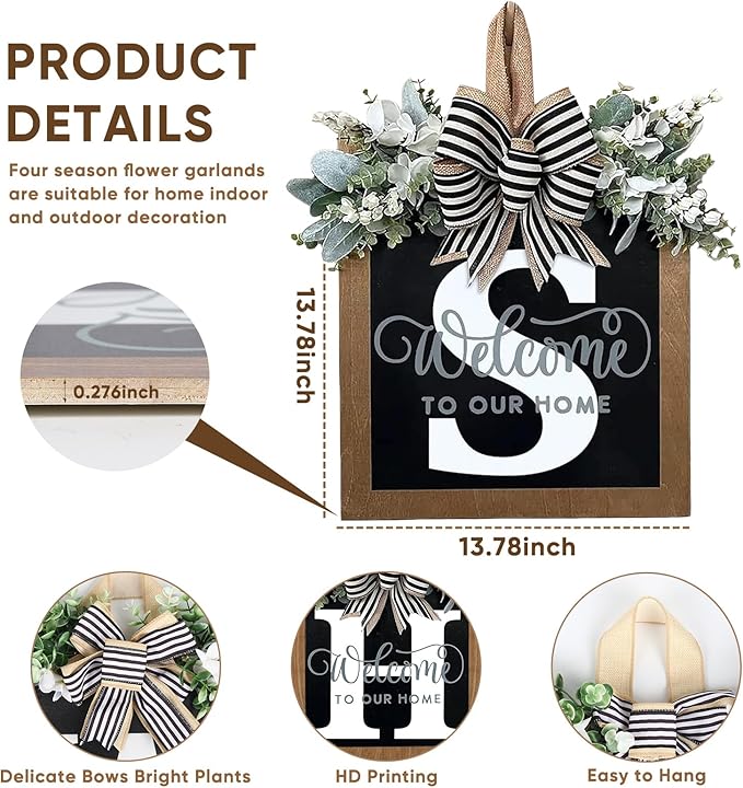 Ultra Large 14'' Last Name All Year Round Front Door Wreath with 26 Initial Letter Welcome Sign All Seasons Eucalyptus Garland and Bow Wreaths for Front Door Porch Farmhouse Decoration (S)