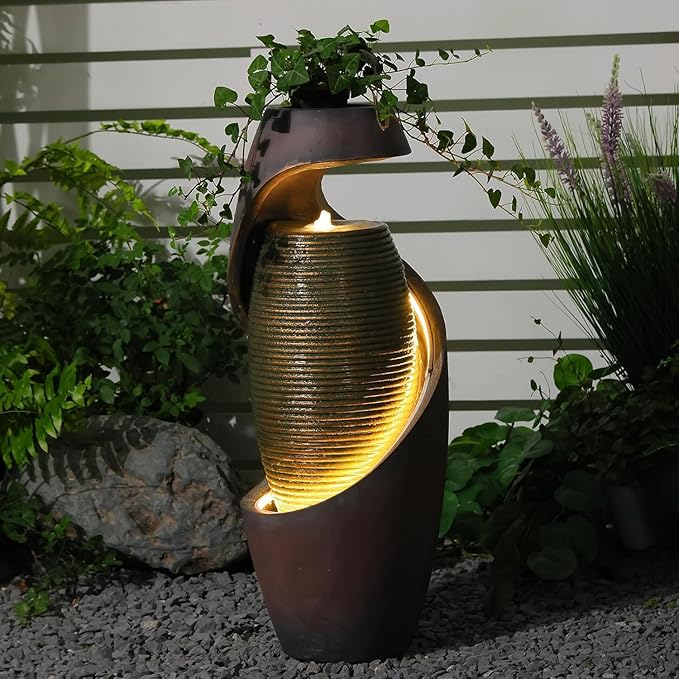 Modern Outdoor Freestanding Water Fountain with LED Lights, Resin Garden Water Feature with Planter Top for Patio, Yard & Porch, 29.5"H Sculptural Oval Waterfall Fountain Indoor Decor, Realaxing Sound