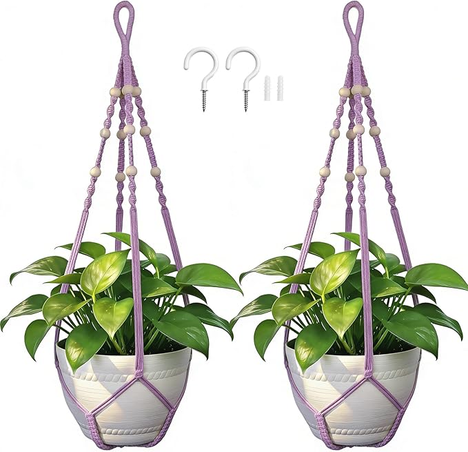 EJGIEGSO Macrame Plant Hanger, Up to 4-15 inch Pots, Wood Beads Cotton Hanging Planter Holder for Indoor Outdoor Boho Home Decor, 35 Inch, Set of 2 (Purple)