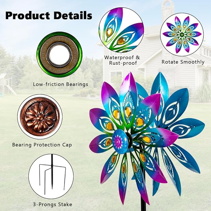 VEWOSTAR Metal Wind Spinner,13” Wind Spinners Outdoor,Peacock Windmill with Stake,Kinetic Wind Spinners for Yard and Garden,Multi-Color Pinwheels Yard Wind Sculptures,Waterproof Spinner for Patio Lawn