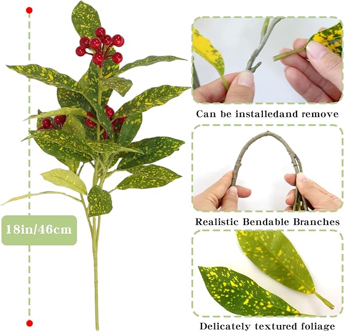 3 Pcs Artificial Greenery Plants, 18" Faux Christmas Red Berry Plants Stems for Vase Fake Leaves Branches Indoor for Table Fireplace Cabinet Livingroom Kitchen Festivals Home Decor (Yellow Green)