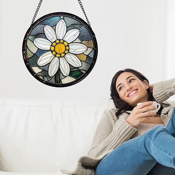HWRHTR Stained Glass Window Hanging - Yellow White Daisy Birth Flower Suncatcher for Door Garden Yard Sun Catchers Decor Christmas Mother's Day Birthday Gifts for Teacher Women Mom Nana 11.8 in