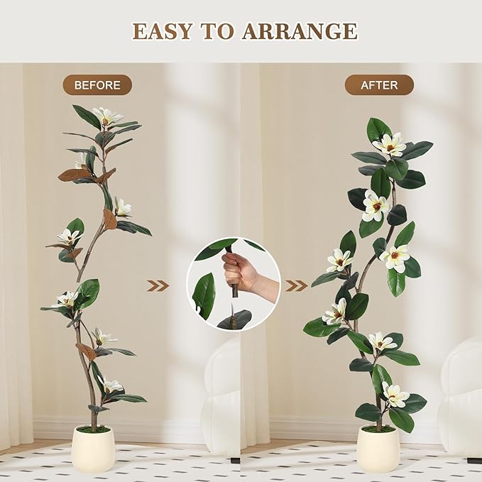 5FT Rubber Tree Artificial Tree, Fake Floor Plant with 7 Pcs Magnolia Flowers in White Planter Bonsai Planter, Indoor Tall Faux Plants for Living Room Home Decor, Gifts for Women