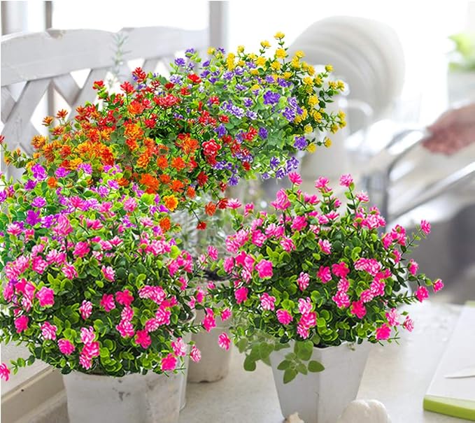 Grunyia 10 Bundles Artificial Fake Flowers, Faux Outdoor Plastic Plants UV Resistant Shrubs Outside Indoor Decorations (Pink-Eucalyptus)