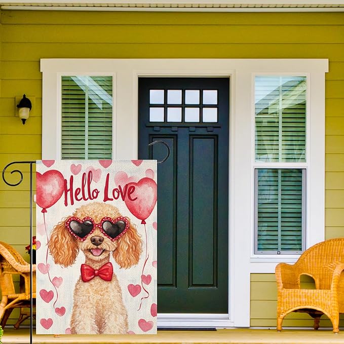 Valentine's Day Poodle Hello Love Garden Flag, House Yard Plaid Love Heart Outside Decoration, Spring Holiday Wedding Anniversary Outdoor Small Decor 12x18(12634)