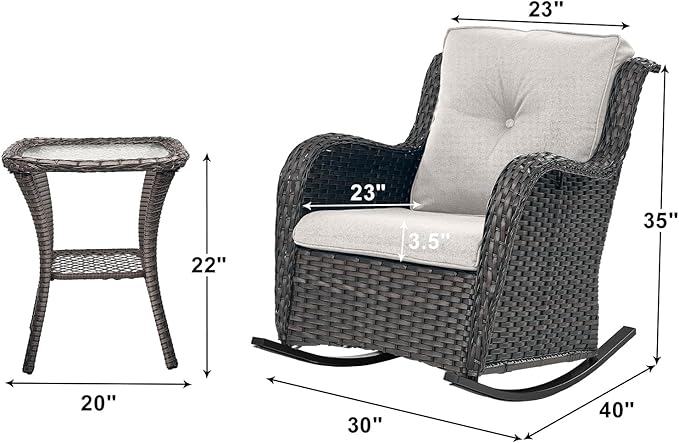 Rilyson Patio Chairs Outdoor Rocking Chair - 3 Piece Wicker Patio Bistro Set Rattan Patio Furniture Rocker Chairs and Side Table for Porch Deck Backyard Garden(Brown/Beige)