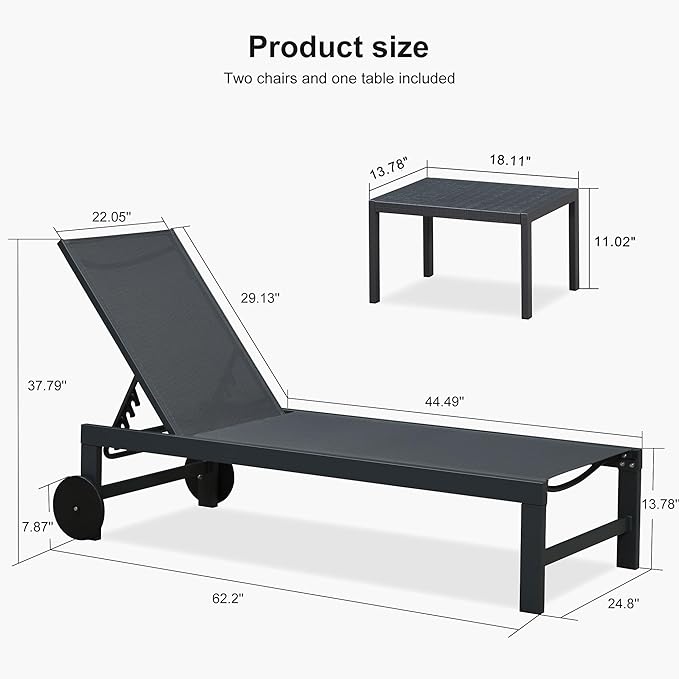 PURPLE LEAF Patio Lounge Chair Set for 2 Outdoor Chaise Lounge with Adjustable Backrests and Wheels Aluminum Reclining Pool Chair for Outside Yard Poolside Table Included, Dark Grey