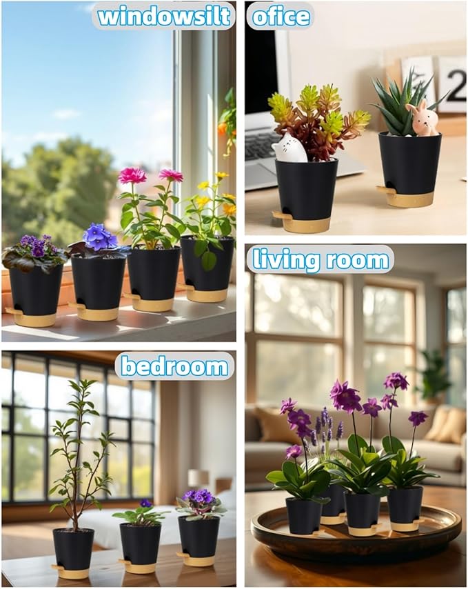 zople 12 Pack 4 Inch Self Watering Plant Pots with Drainage and Saucers，Plastic Flower Pots for Indoor and Outdoor Plants, Nursery Planters for Houseplants and Herbs Black Brown, 4 inch 12pcs
