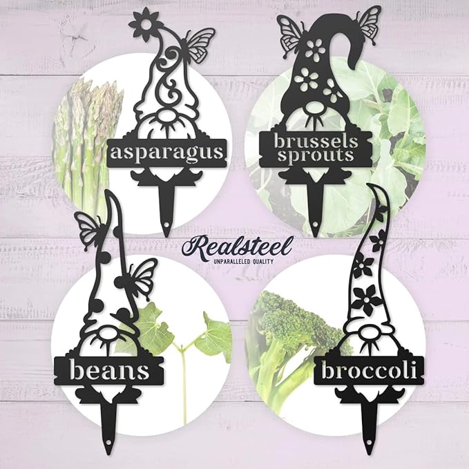 RealSteel Brand, Gnome Plant Markers for Outdoors, Garden Labels Metal Stake, Plant Tags, Garden Sign for Vegetables, Outdoor Decorations, Yard and Gardening Gift - Weeds