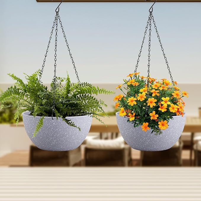 Meowell 12 inch Large Hanging Planters for Indoor Outdoor Plants, 2 Pack Hanging Flower Pots with Drainage Holes and Chain for Garden Porch, Plastic Hanging Baskets for House Plants, Speckled Grey