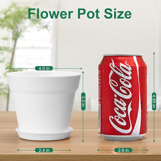 FHWTY 4 Inch Plastic Plant Pots 6 Pack, Small Flower Pots with Drainage Holes and Tray, Thickened Indoor Planters Seedlings Nursery Pots, African Violet, Succulent and All House Plants, White