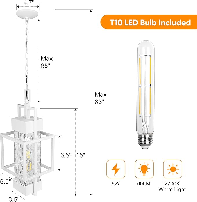 PARTPHONER 15" Outdoor Indoor Pendant Light Exterior Hanging Lantern, Modern Metal Outside Chandelier Light Fixture Ceiling Mount with Water Glass for Front Porch Entrance Foyer Entryway, White