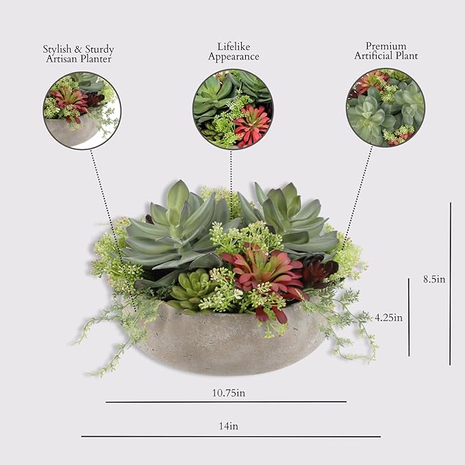 Round Faux Succulent Arrangement, 14" Premium Artificial Indoor Plant Enhances Interior Design, Display on Any Surface in Your Home Adding an Inviting Touch of Nature, Natural Planter Pot Included