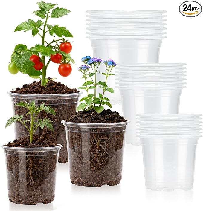 Plgardpo Clear Nursery Pots, 4/5/6 Inch Transparent Plastic Plant Pots with Drainage Holes, Variety Pack Seed Starting Pots, Flexible Clear Flower Pots for Indoor Outdoor Plants, 24 Packs