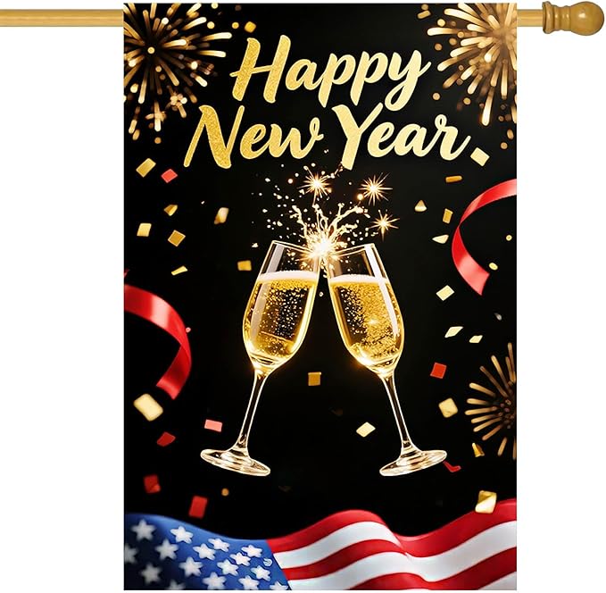 Happy New Year House Flag 28x40 Inch Champagne Glasses Fireworks and American Flag Design Garden Flag Patriotic Holiday Outdoor Yard Decoration Banner for Home Porch Lawn