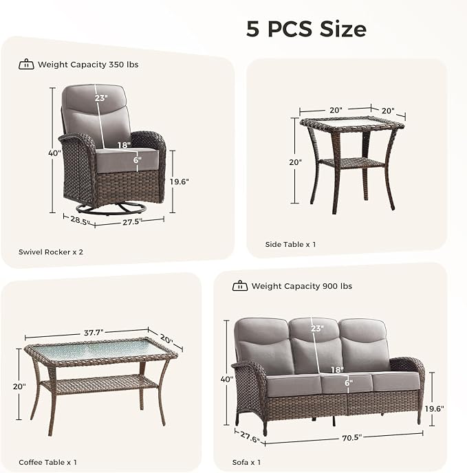 Luxury Patio Furniture Set with 6-inch Thick Cushions, Outdoor Furniture Set with High Back Swivel Chairs, 5 PCS Wicker Outdoor Conversation Set for Porch, Patio, Yard, Deck, Poolside, Brown/Beige