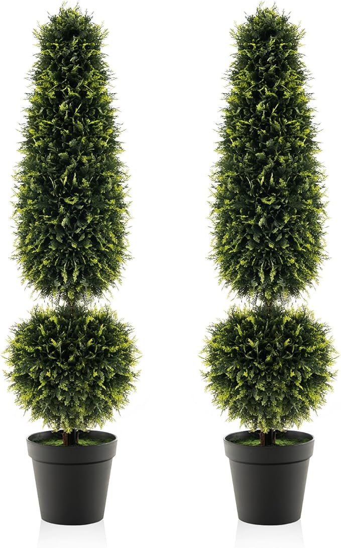 Goplus 4FT Artificial Cedar Topiary Trees for Outdoors, Set of 2 Faux Potted Plants Cypress Trees with Natural Vines, Cement Pot, Fake Evergreen Artificial Topiary for Indoor Home Front Porch Decor