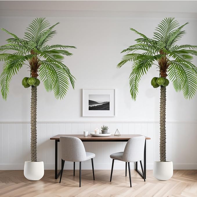 Artificial Phoenix Palm Tree with Coconut Fruit Outdoor Indoor Decor Large Faux Coconut Silk Palm Tree Tropical Fake Tree Large Faux Sago Palm Plant for Home Yard Outside (8 FT)