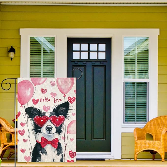 Valentine's Day Border Collie Hello Love Garden Flag, House Yard Plaid Love Heart Outside Decoration, Spring Holiday Wedding Anniversary Outdoor Small Decor 12x18(12622)