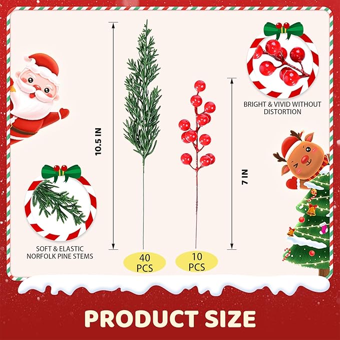 50 Pcs Christmas Artificial Pine Branches with Red Berry Stems - 10.5" Faux Greenery Norfolk Pine Fake Cedar Pine Needles Picks for Wreaths Craft DIY Garlands Home Decor
