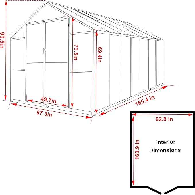 MUPATER 8 x 14 FT Heavy Duty Greenhouse, Polycarbonate Green House Kit with Aluminum Frame, Walk-in Greenhouse with Lockable Door and Ajustable Roof Vent for Backyard, Outdoors, Grey