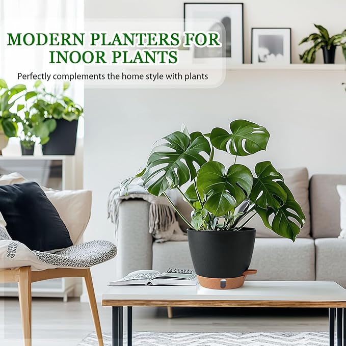 Fielda 2 Pack 8 Inch Pots for Plants Indoor, Plastic Self Watering Planters with Drainage Holes, Water Level Indicator & Deep Reservoir, Decorative Flower Pots Indoor Outdoor Use (Black