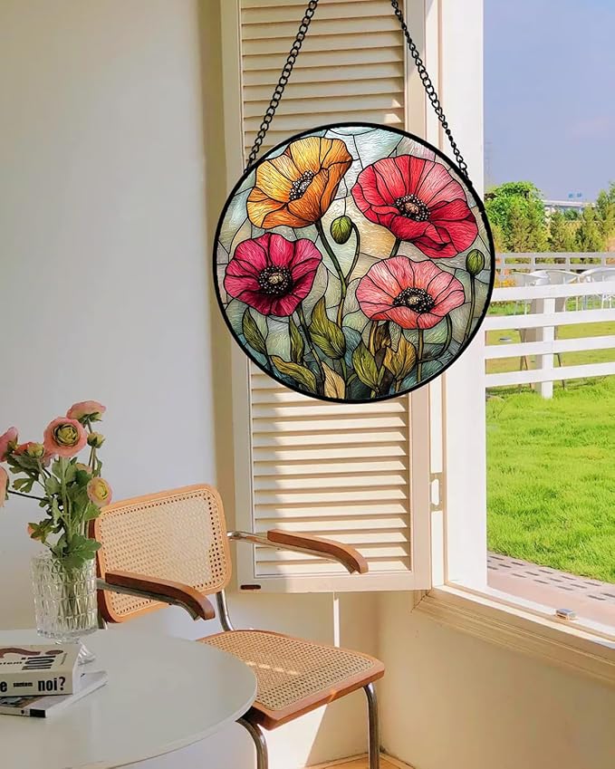 AMDERVEN Stained Glass Window Hanging, Red Orange Poppy Birth Flowers Sun Catcher for Door Garden Yard Decor Wildflowers Suncatcher Christmas Mother Birthday Gifts for Women Men Mom Nana 11.8 in