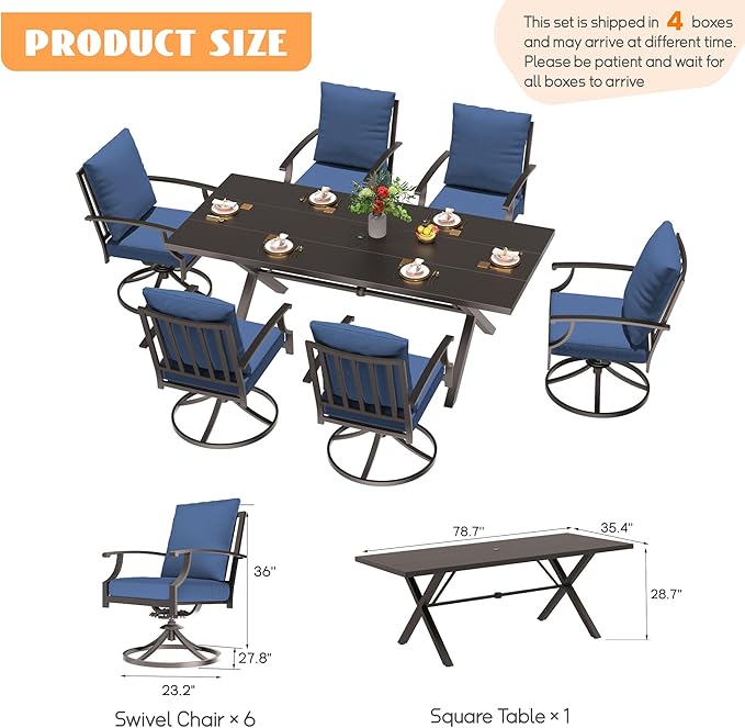 7-Piece Patio Dining Set Outdoor Conversation Set,Metal Outdoor Furniture Set with Umbrella Hole Cut-Out 78.7" x 35.4" Table and 6 Metal Backrest Swivel Chairs for Backyard,Garden,NavyBlue