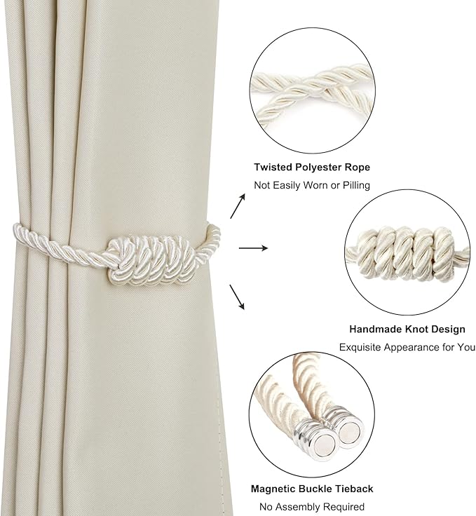 BEL AVENIR Magnetic Curtain Tiebacks, Decorative Drapery Holdbacks Modern Woven Tie-Backs with Exquisite Knot (Beige, 2 Pack)